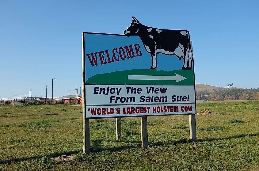 Sign at Salem Sue, the worlds largest Holstein Cow, erected in 1974 by the New Salem Lions Club in honor of the local dairy industry.