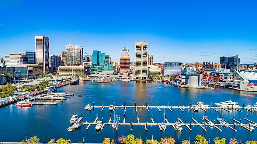 Baltimore, Maryland, USA Inner Harbor Drone Skyline