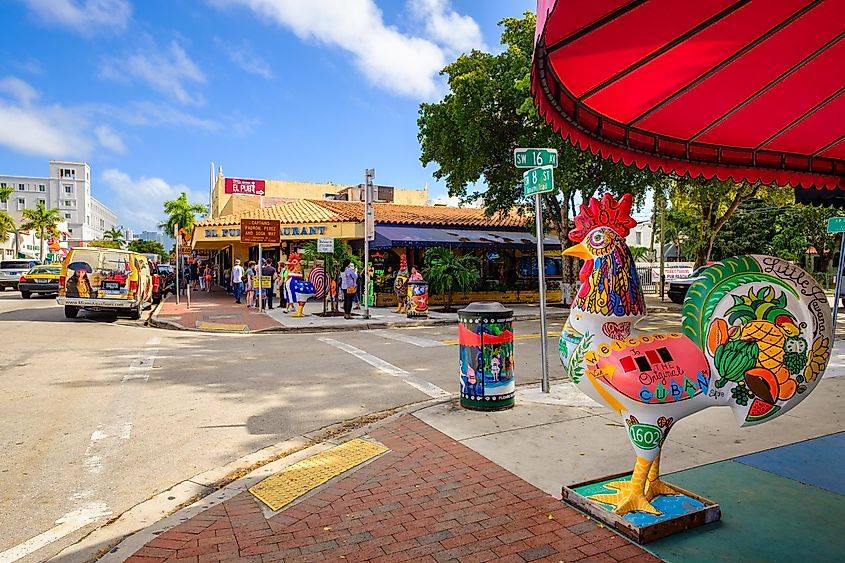 Colorful artwork on display along the popular Calle Ocho in historic Little Havana