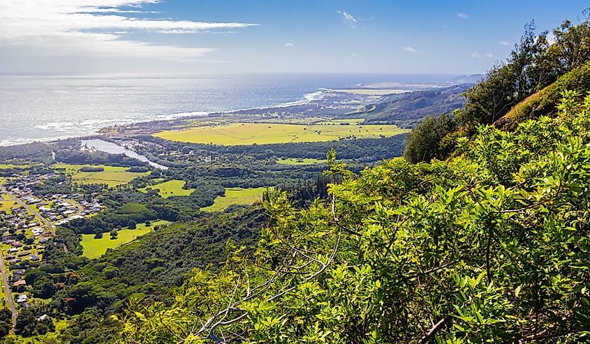 Spectacular vast aerial view of the coastline of the island of Kauai, Hawaii, from the Sleeping Giant mountain.