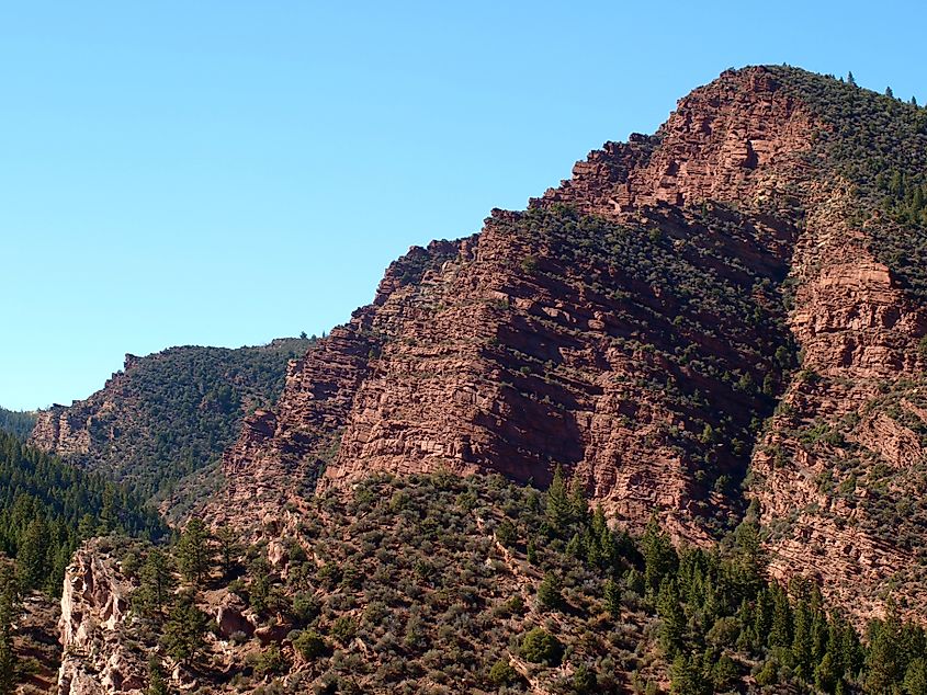 Geologic layers in the canyon walls of Sheep Creek Geologic Loop, Ashley National Forest.