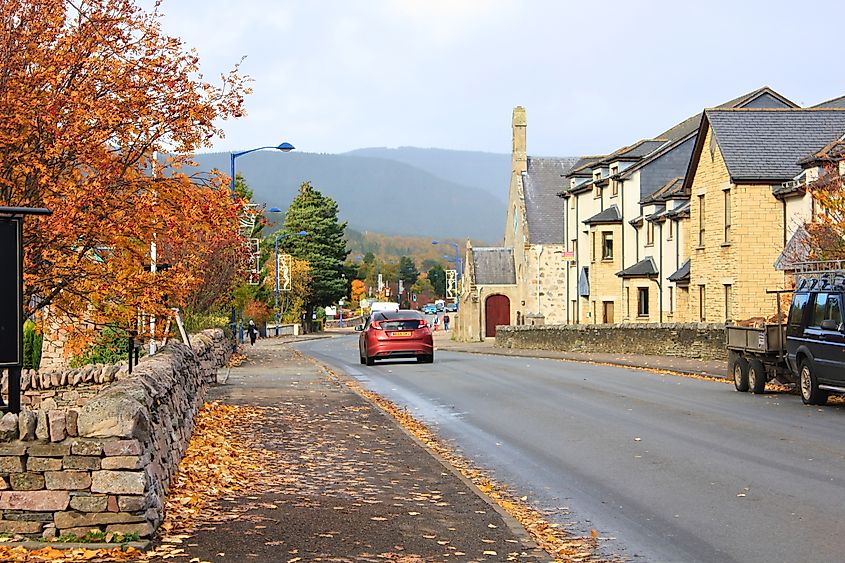 Beautiful main street of Aviemore , Scotland in the Cairngorms during autumn.