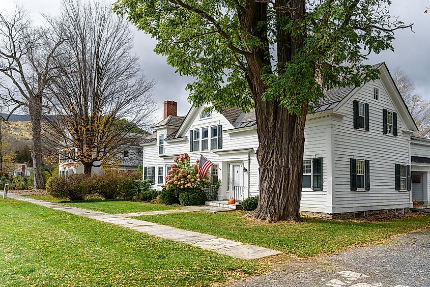 Row of traditonal American wooden houses in Dorset, Vermont.
