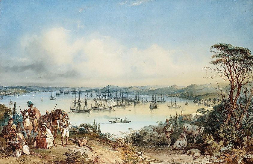 British warships anchored in the Bosphorus, late 1853; the prelude to the Crimean War. Painted by Amedeo Preziosi.