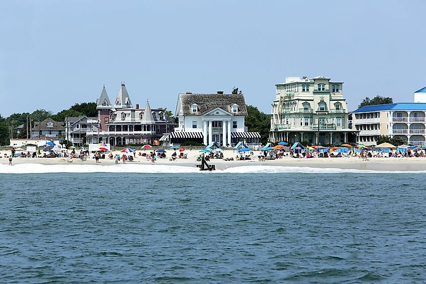 Beach goers enjoy a beautiful day in Cape May, New Jersey.
