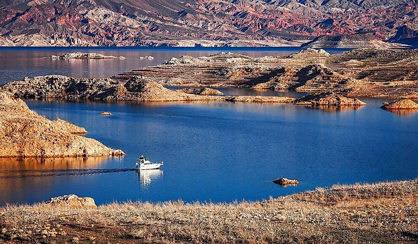A powerboat cruising on Lake Mead