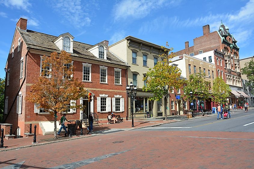 Main Street in Bethlehem, PA, with historic buildings, commercial properties and people.