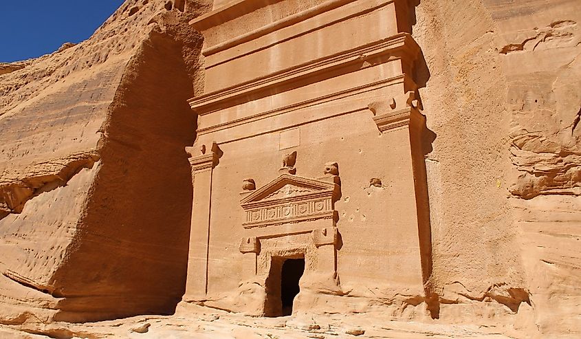 Beautiful daytime view of Al-Hegra (Madain Saleh) archaeological site in Al-Ula, Saudi Arabia.