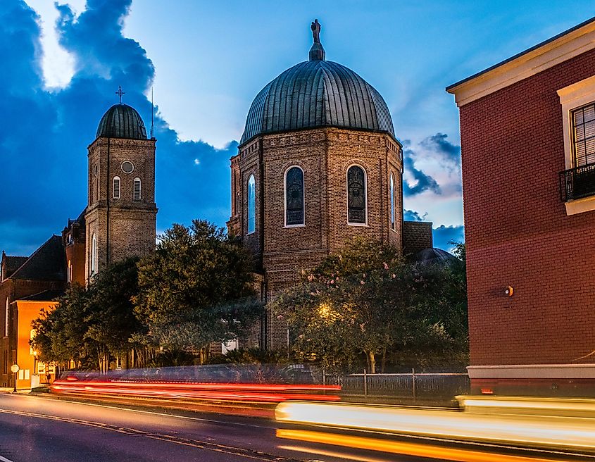 Light trails captured at the Minor Basilica in Natchitoches, Louisiana.