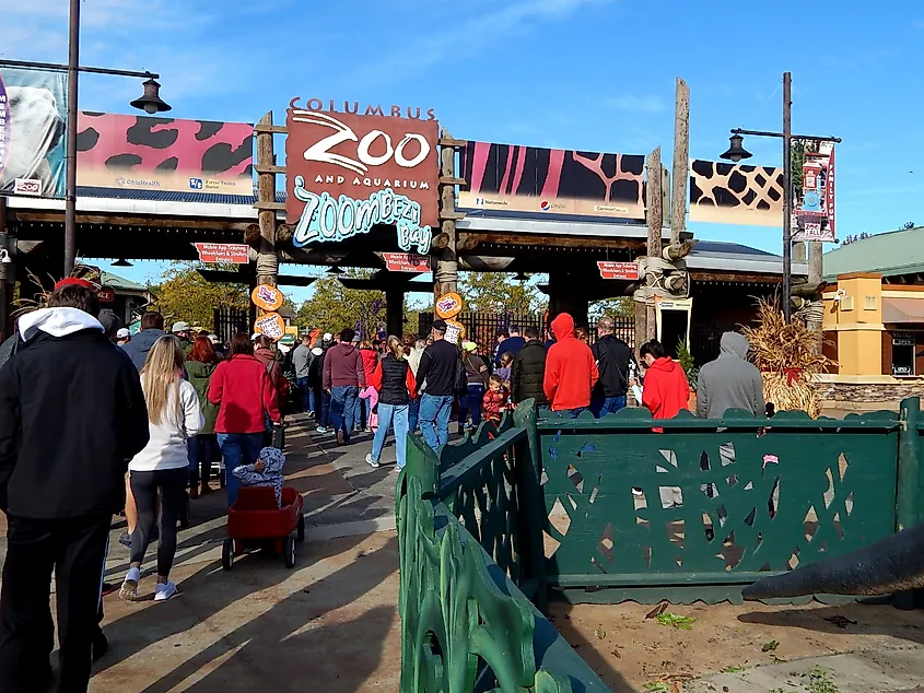 Editorial Photo Credit: MollieGPhoto via Shutterstock. Powell, Ohio, USA - October 13, 2019: Crowd of people waiting outside the Columbus Zoo and Aquarium for the gates to open