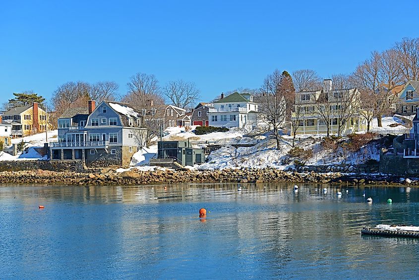 Historic buildings at the waterfront of the port of Rockport City in winter, Massachusetts, MA, USA.
