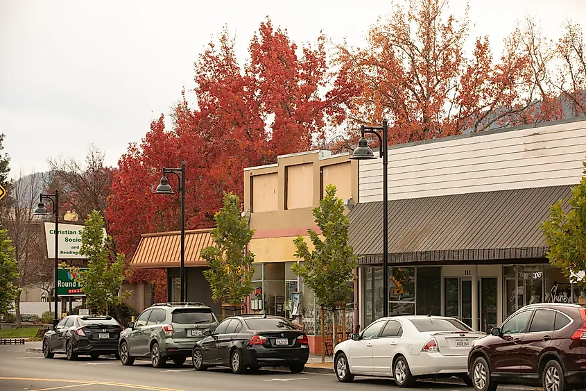 Ukiah, California: Cloudy autumn light shines on the historic downtown core buildings