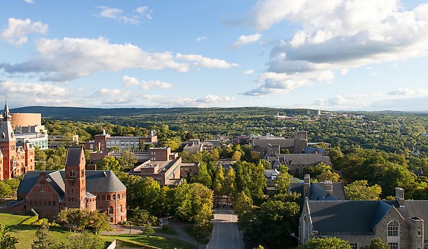 Aerial view of Ithaca, New York's Cornell University campus
