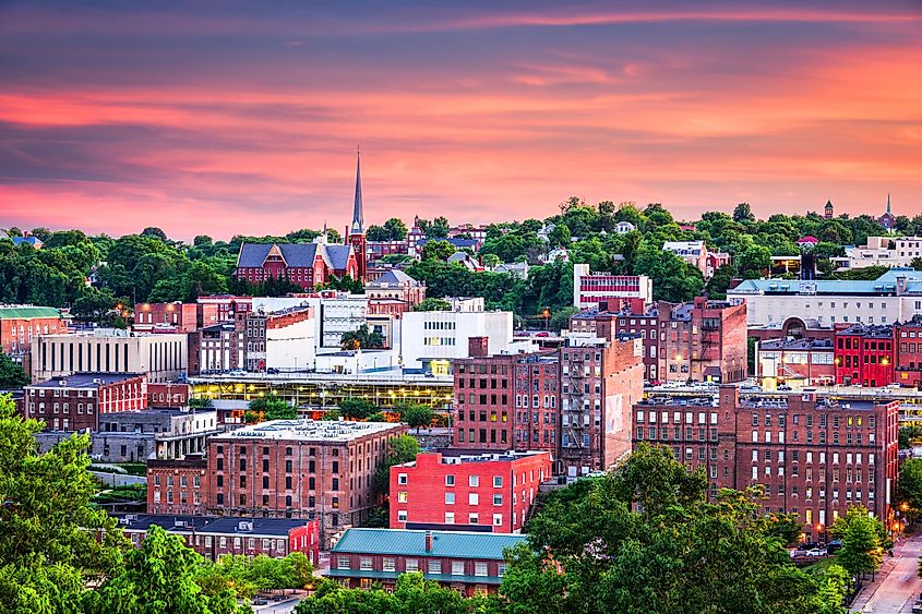 Downtown city skyline of Lynchburg, Virginia, USA at dusk.