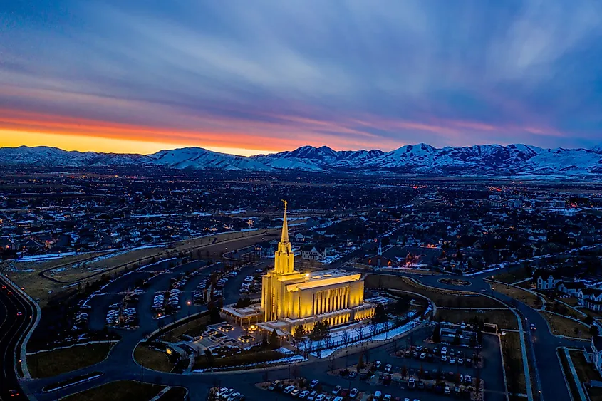 Oquirrh Mountain Temple, South Jordan, Utah, at sunset