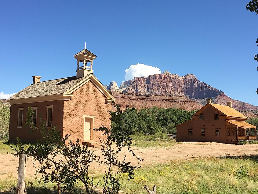 Old school house and homestead in the American West. Grafton ghost town near Springdale, Utah.