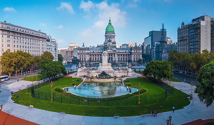Aerial panorama of the square near Congreso at sunny day. Argentina