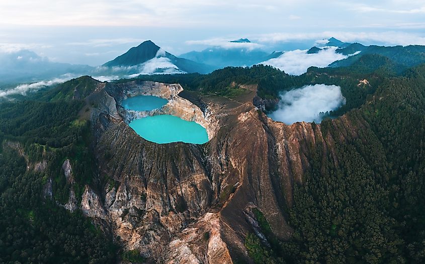 Aerial view of the colorful Kelimutu crater lakes on Flores Island, Indonesia.