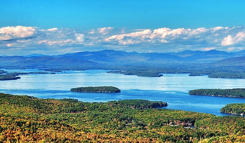 Winnipesaukee Lake with the Belknap Mountains in the background.