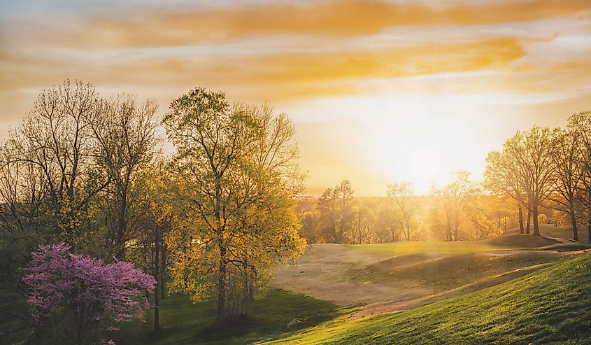 Beautiful sunset on an Owensboro Kentucky golf course. Sunset on the 18th hole.