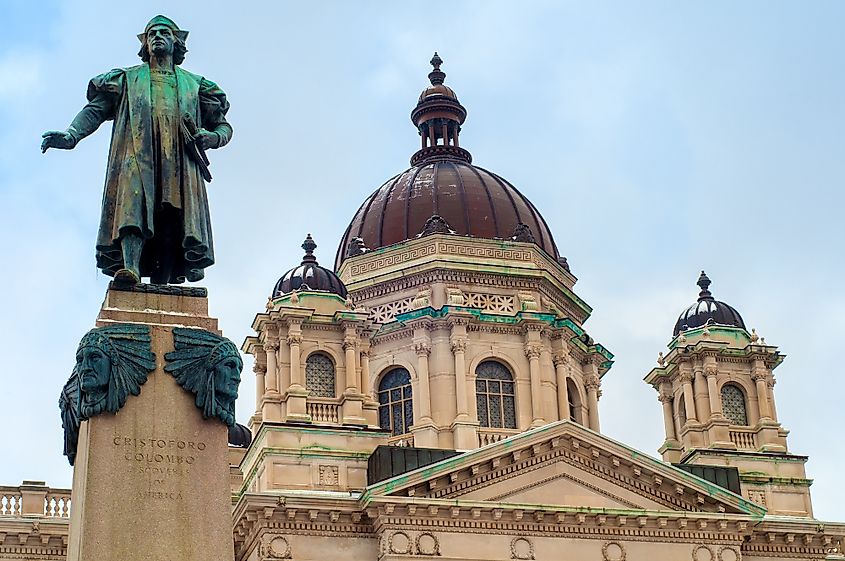 A statue of Christoper Columbus stands before the Onanadaga County Courthouse in Syracuse NY