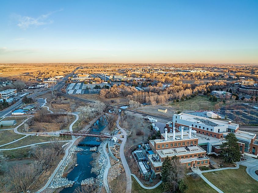 Aerial view of the whitewater park on the Poudre River in downtown Fort Collins, Colorado at sunset