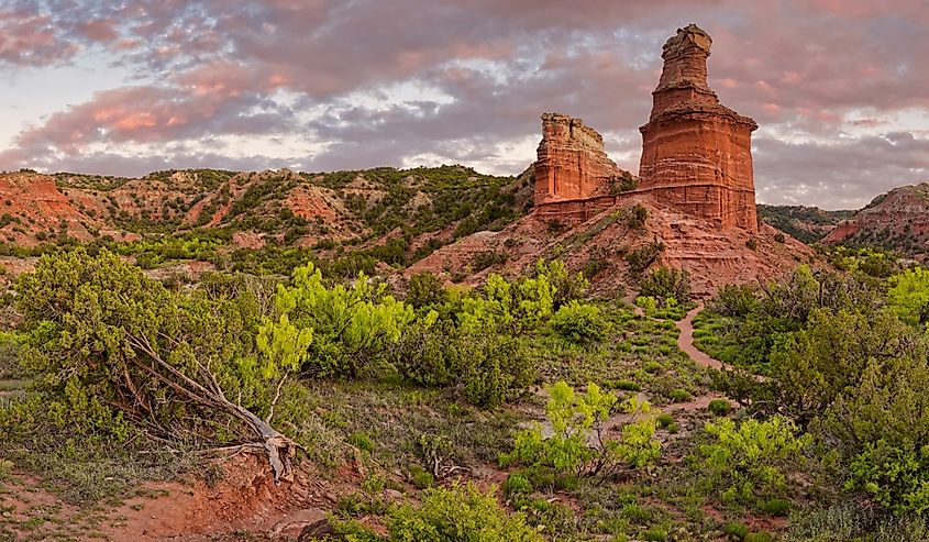 Panorama of Fiery Sunset Over Lighthouse Rock - Palo Duro Canyon State Park - Texas Panhandle