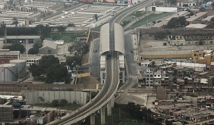 Aerial view of the first line of the Metro of Lima