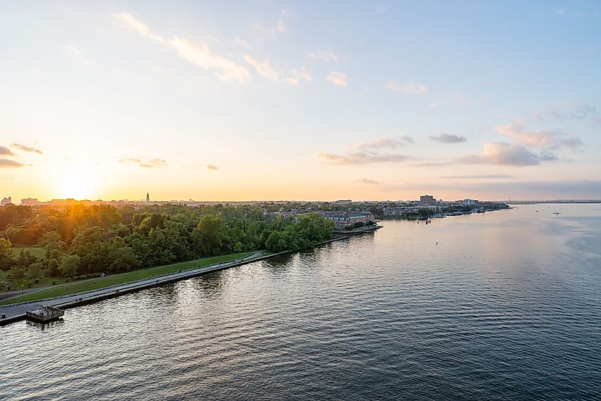 An elevated view of historic Old Town Alexandria Virginia and the Potomac River at sunset.