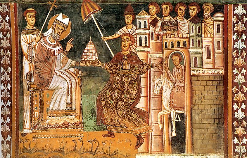Pope Sylvester I and Emperor Constantine.