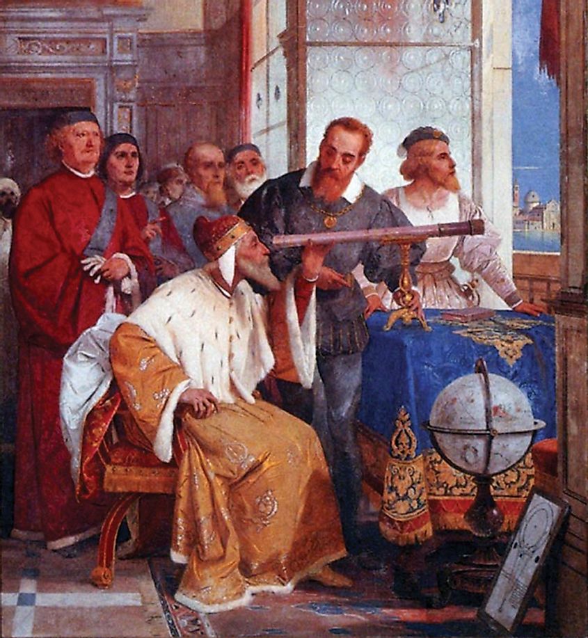 A fresco by Giuseppe Bertini depicting Galileo showing the Doge of Venice how to use the telescope. 