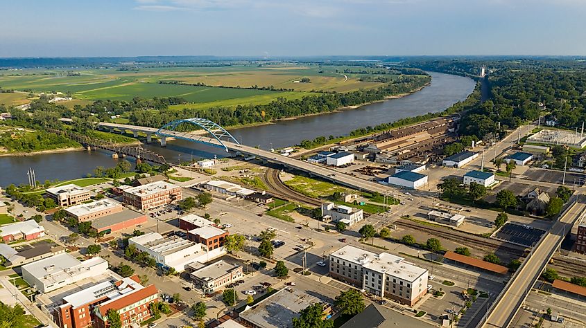 Aerial view over downtown city center of Atchison Kansas in mid morning light.