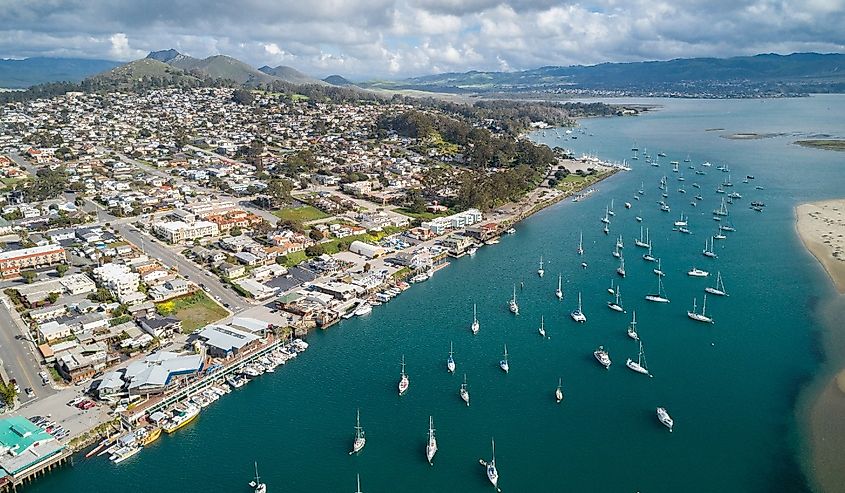 Sail boats in the water on Morro Bay, pier and port