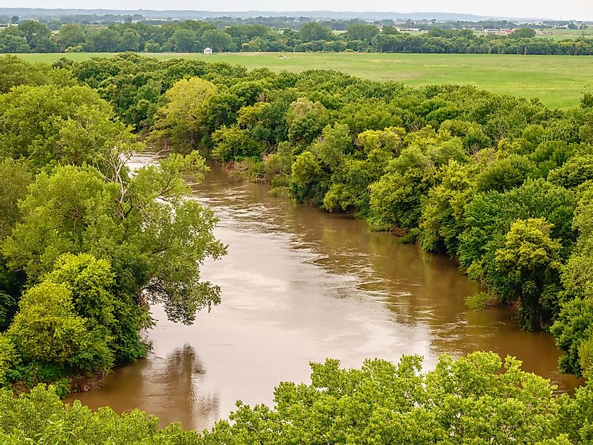 Wooded bend in Big Sioux River, seen from overlook in Stone State Park, Sioux City, Iowa