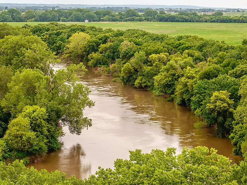 Wooded bend in Big Sioux River, seen from overlook in Stone State Park, Sioux City, Iowa