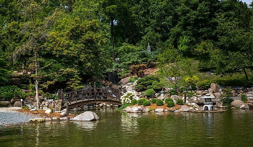 Wooden bridge and lake at Anderson Japanese Gardens, Rockford, Illinois, United States