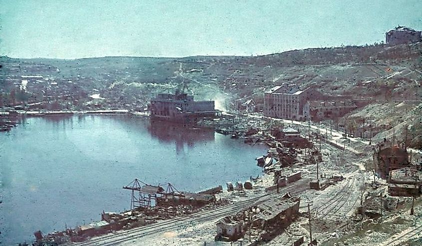 Destroyed harbor of Sevastopol during the siege of the city by axis forces in WW2.