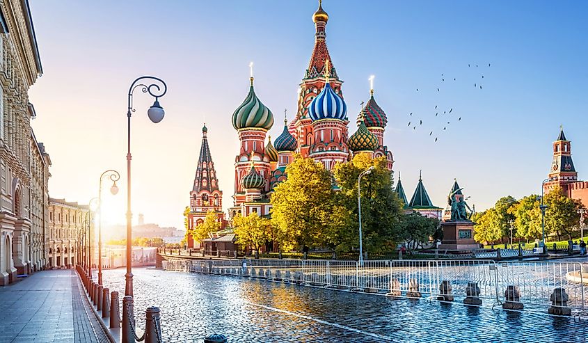 St. Basil's Cathedral on Red Square in Moscow and the morning autumn sun