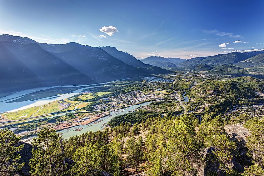View of the Squamish town from the summit of the Stawamus Chief, British Columbia, Canada.