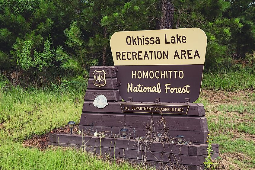The signboard welcoming tourists to the Homochitto National Forest, the location of the Clear Springs Lake.