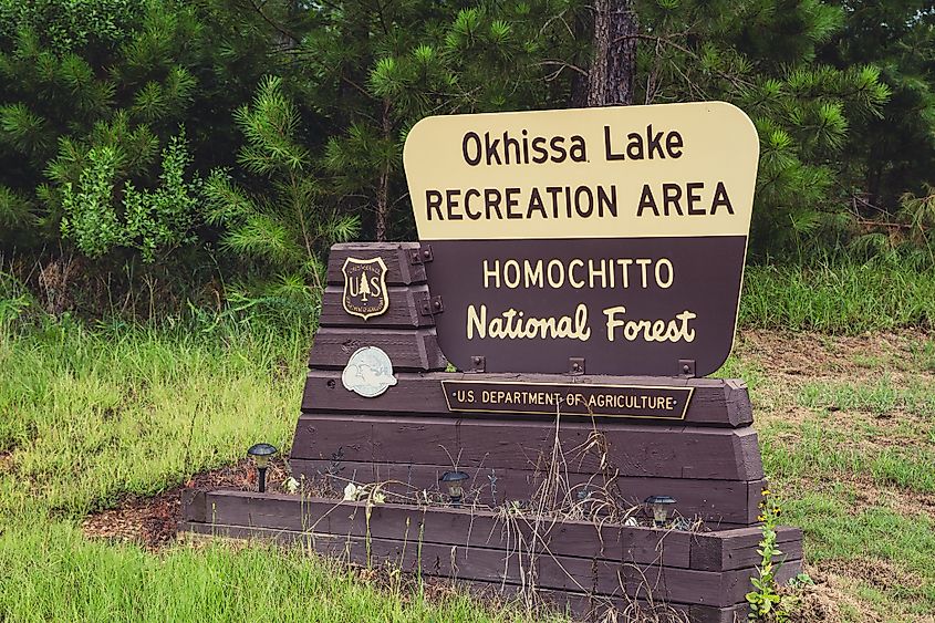 The signboard welcoming tourists to the Homochitto National Forest, the location of the Clear Springs Lake.