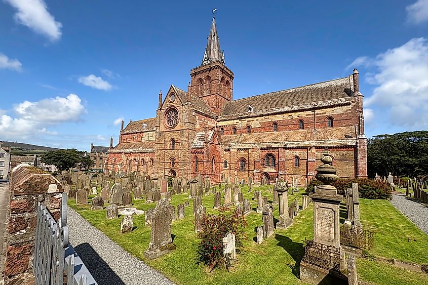 The exterior of St Magnus Cathedral in the town of Kirkwall on the Scottish Orkney Islands.