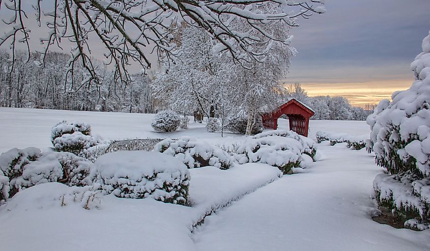 First snow of 2018 Candia Woods Gold Course covered bridge Candia