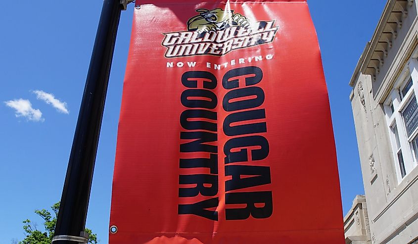 A Caldwell University Cougars banner on display in downtown Caldwell