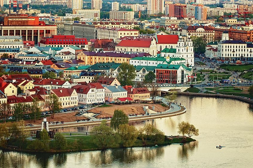 Panoramic view of the historical center of Minsk. Belarus. Sunset.