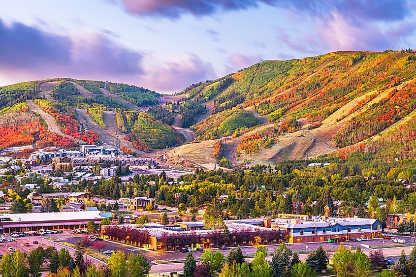 Park City, Utah downtown in autumn at dusk.