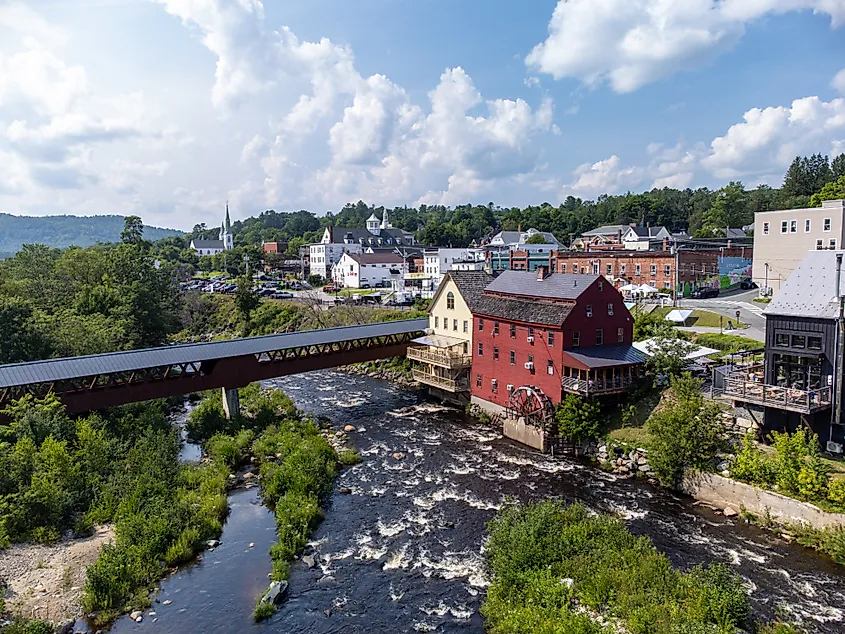 Aerial view of the Ammonoosuc River flowing through Littleton, New Hampshire.