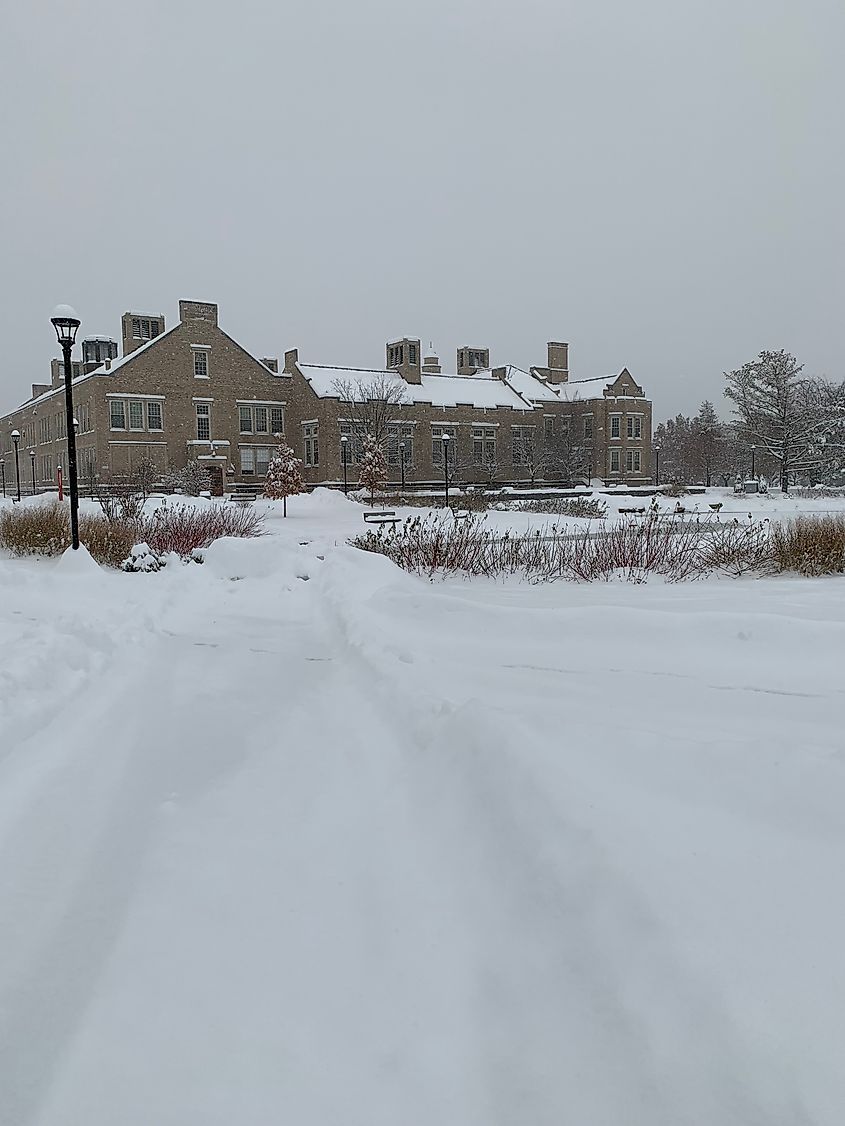 Old Main building at SUNY Plattsburgh in winter.