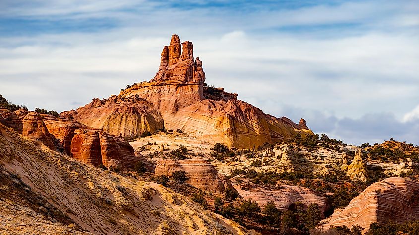 Church Rock in Gallup, New Mexico, USA, with shallow depth of field, along Route 66.