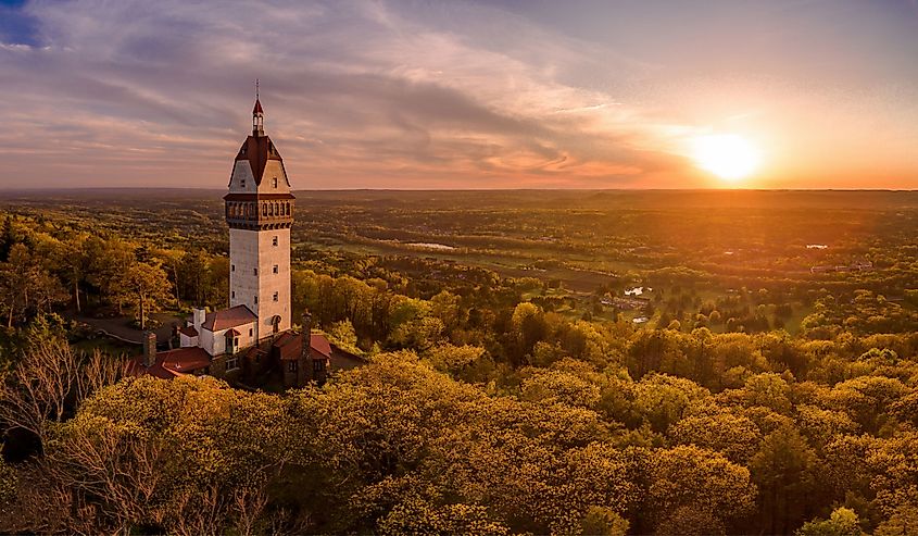 Aerial view of tower sits on the Talcott mountain state park in Simsbury, Connecticut.